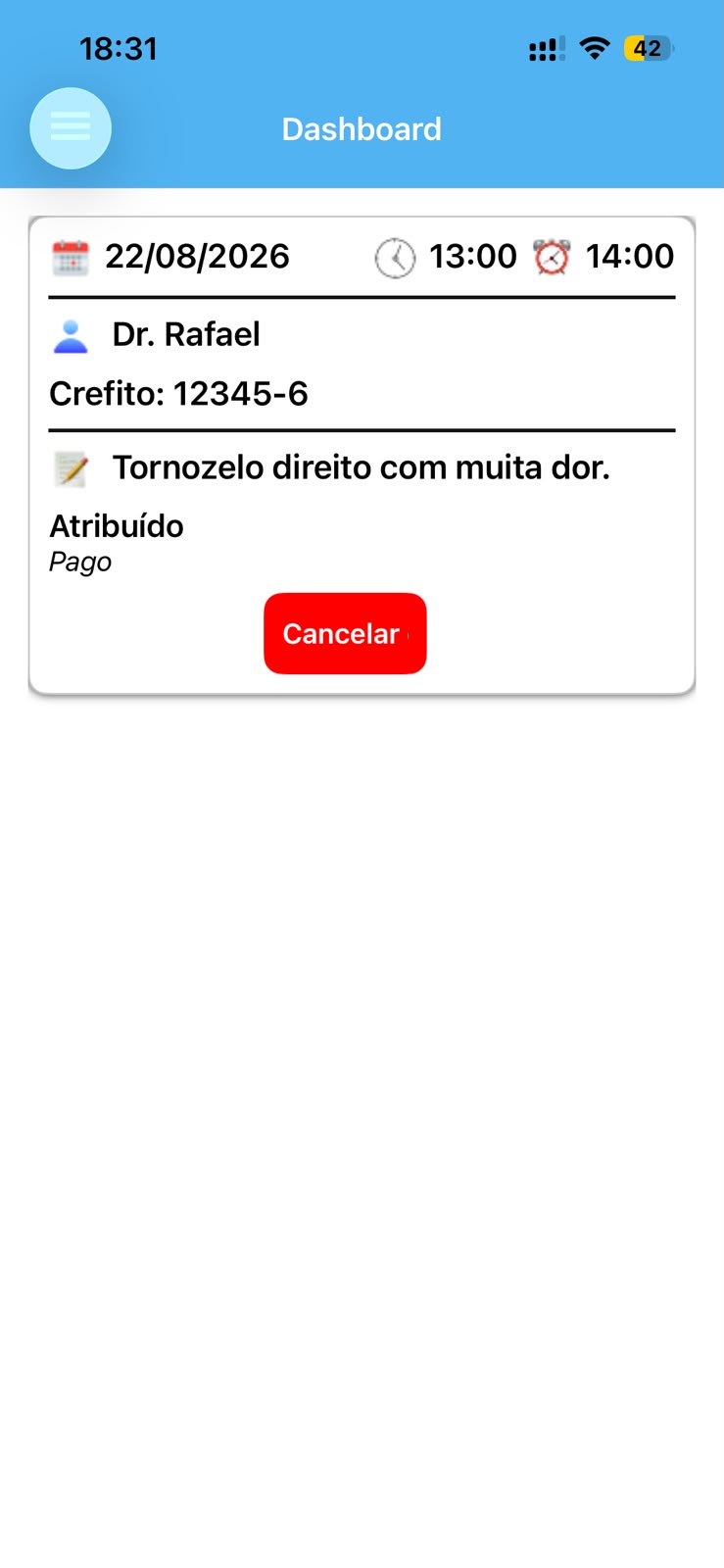 Tela do aplicativo Fisio Saúde Local com o atendimento agendado