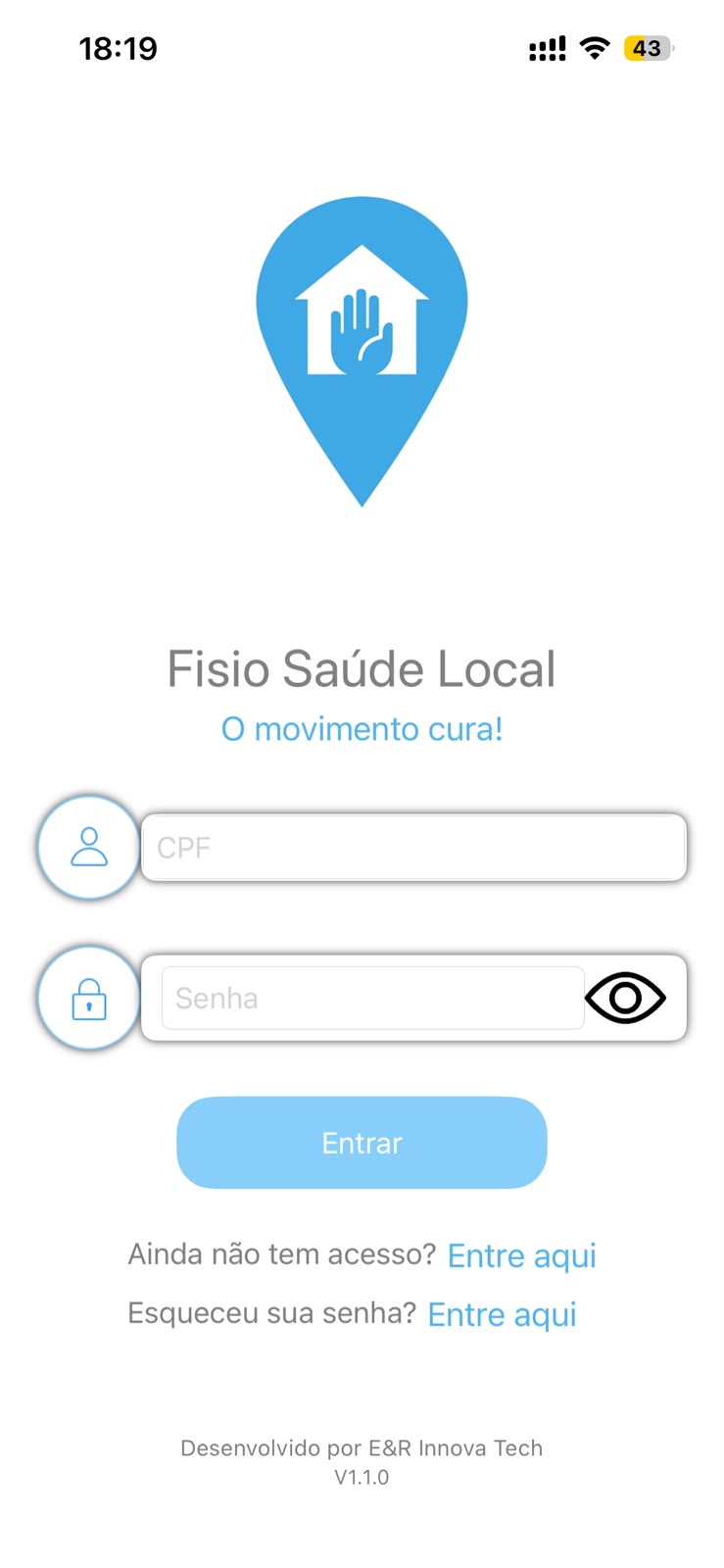 Tela de login do aplicativo Fisio Saúde Local