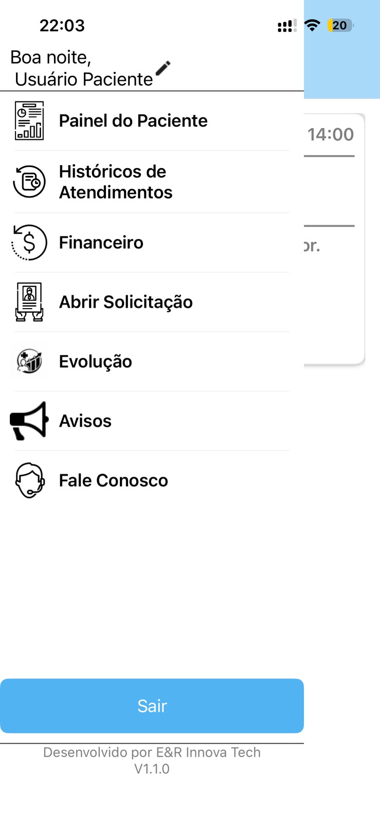 Menu do aplicativo com painel, histórico, financeiro e evolução